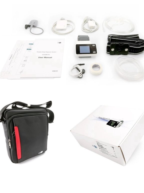 Equipamento Polywatch YH-600B PRO e acessórios inclusos para aplicação do exame do sono do tipo 3