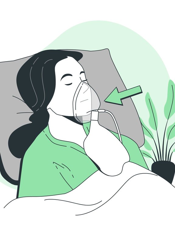 Figura de uma mulher deitada em sua casa com máscara de oxigenoterapia